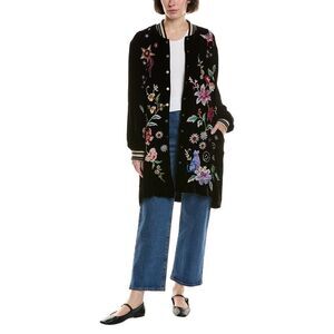 Johnny Was Womens Velvet Silk-Blend Bomber Jacket, Black